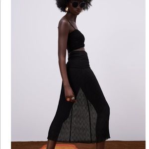 Zara Black Crochet waist detail mesh midi skirt